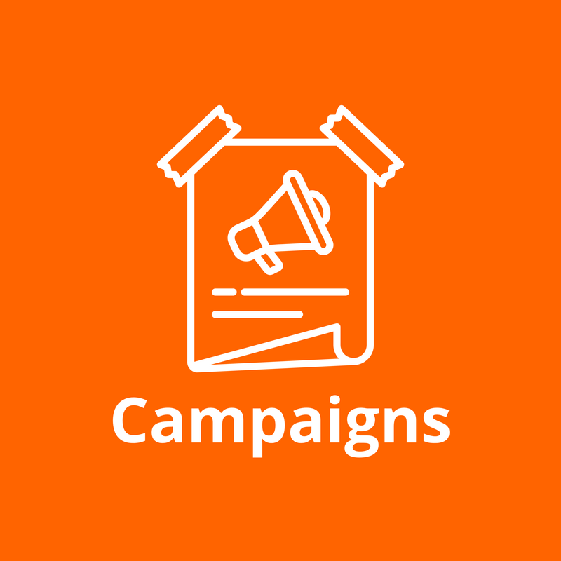 Graphic depicting a sticky-taped poster to a wall with a megaphone on the poster. 'Campaigns' is written below it. All text and iconography is in White, on a Libe Dem orange background