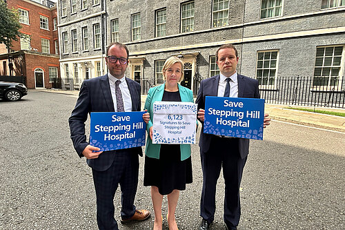 Leader of Stockport Council Mark Roberts, Lisa Smart MP and Tom Morrison MP present over 6,000 signatures to the Department of Health