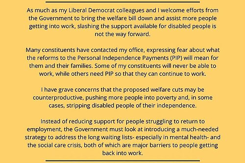 Rachel Gilmour MP's statement on welfare reforms